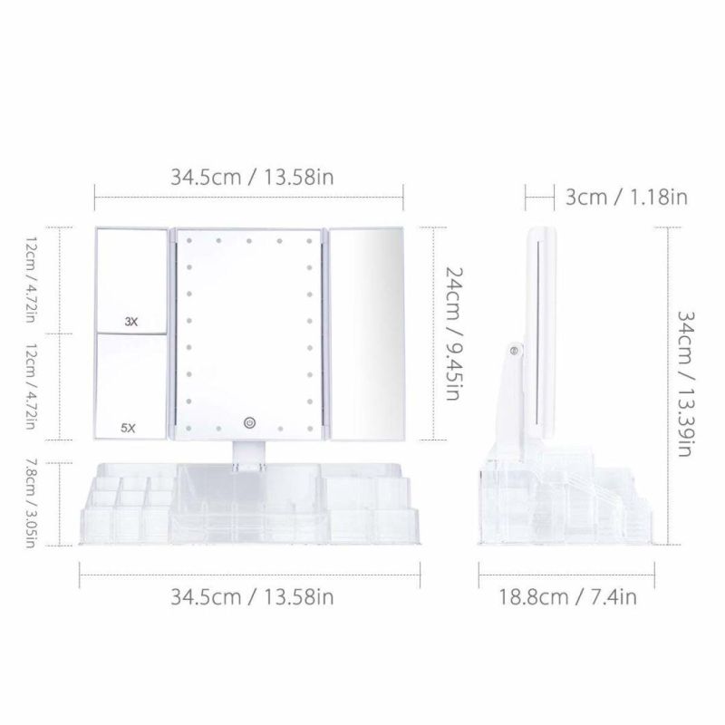 Trifold LED Cosmetic Mirror with Makeup Tools Acrylic Storage Organizer