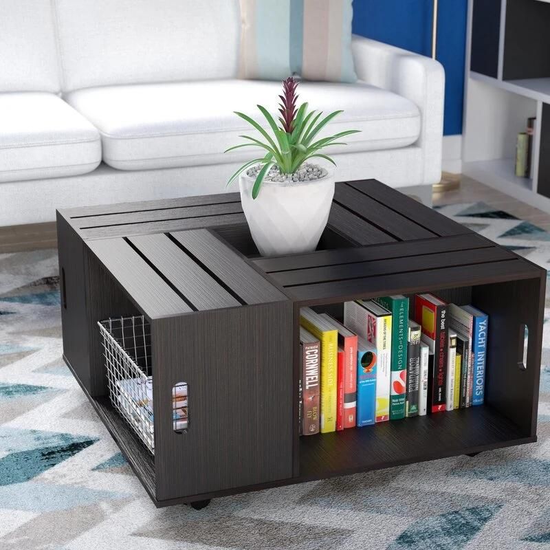 Espresso Square Coffee Table Furniture with 4 Storage Open Drawer for Living Room