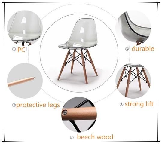 Wood Leg PC Transparent Plastic Cafe Chair Dining Chair for Home Restaurant Meeting Room