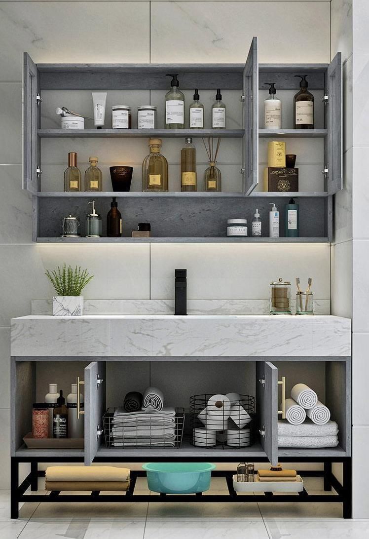 Modern Gray Bathroom Cabinet, LED Mirror Floor Mounted Bathroom Vanities