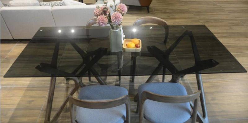 New Arrival Rectangle Glass Dining Table Matching Solid Wood Base