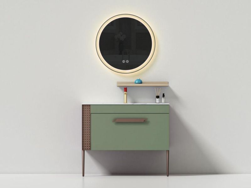 Green Simple and Luxury Melamine Bathroom Vanity with Shelf and Round LED Mirror