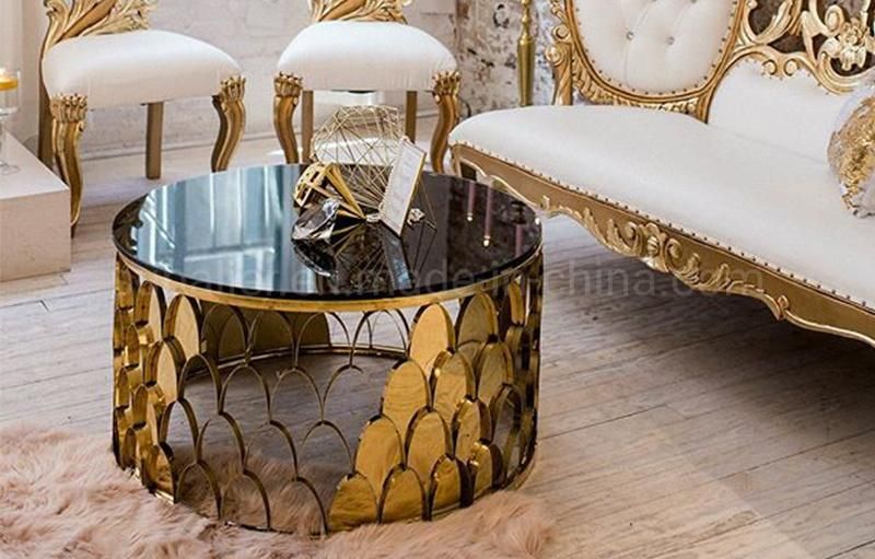 Luxury Home Steel Base Gold Round Glass Coffee Table