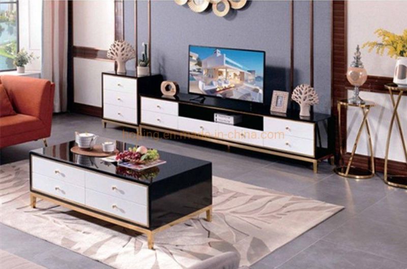 Black Modern Coffee Table with 4 Drawers Tempered Glass Top Metal Storage Shelf Hotel Table