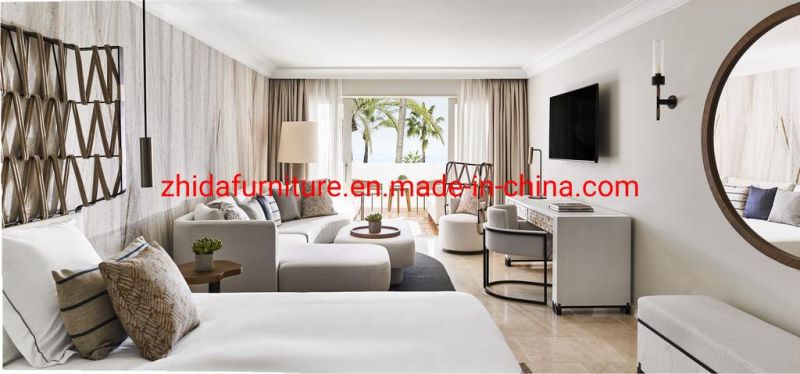 Modern Sea Side Hotel Living Room Furniture Apartment Bedroom Villa King Size Bed with Rattan Headboard Fabric L Shape Sofa Set for Sale