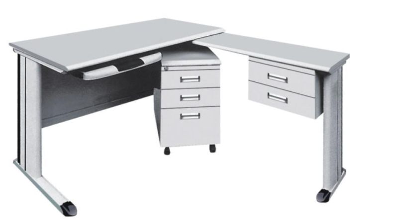 L Shape Steel Office Desk with Mobile Pedestal Office Computer Desk with Keyboard Tray and Drawers