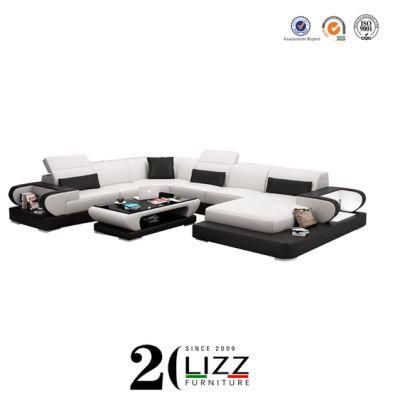 Modern Home Living Room Furniture Italian Leather Sectional Lounge Sofa with Speaker and LED Lights