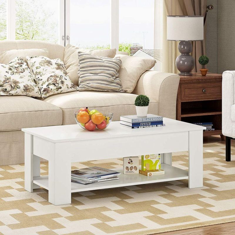 Modern White Cocktail Table Coffee Table with Hidden Compartment Storage Shelves for Living Room