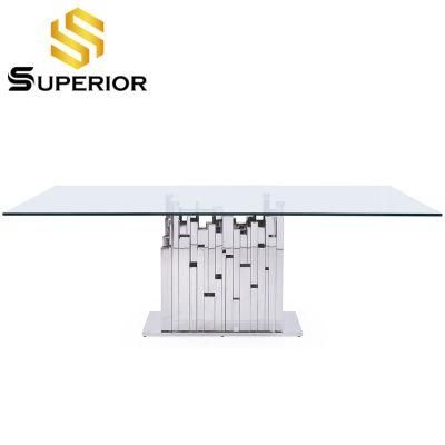 Modern Silver Metal Chromed Stand Clear Tempered Glass Dining Table