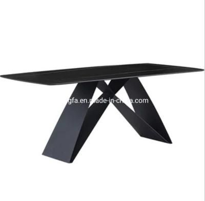 Modern Luxury Hotel Restaurant Black Matte Steel Marble Dining Table