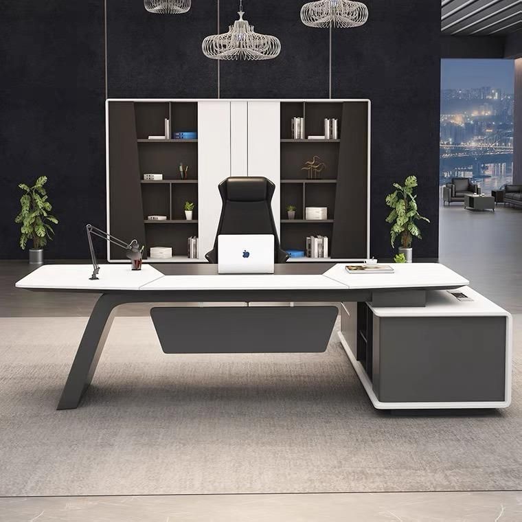 Simple Style White Black L Shape Corner Boss Office Desk