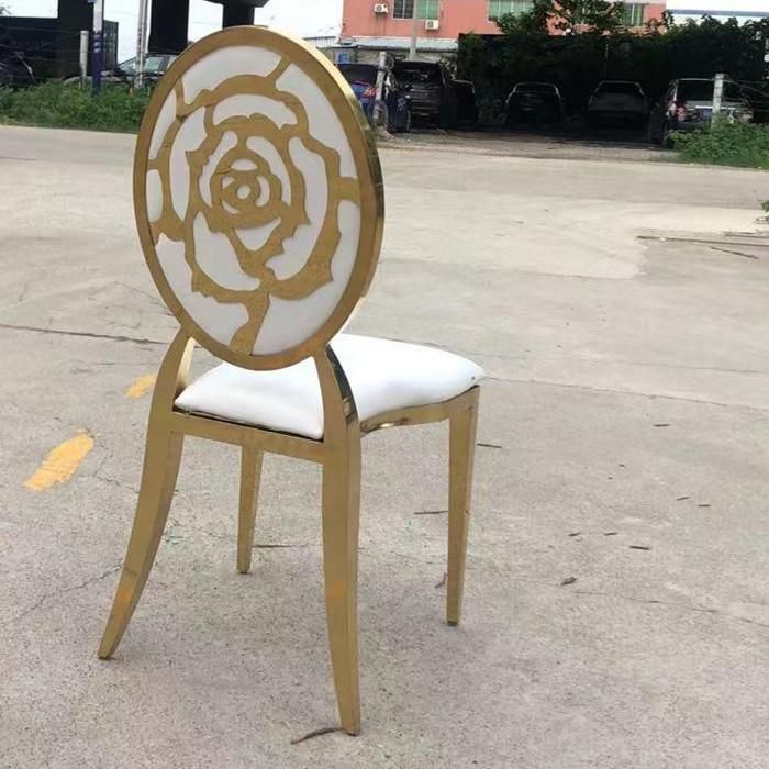 Wedding 10-Seat Dining Table and Chair Rental Banquet Chair Graceful Metal Stainless Steel Round Back Wedding Chair with White PU Cushion