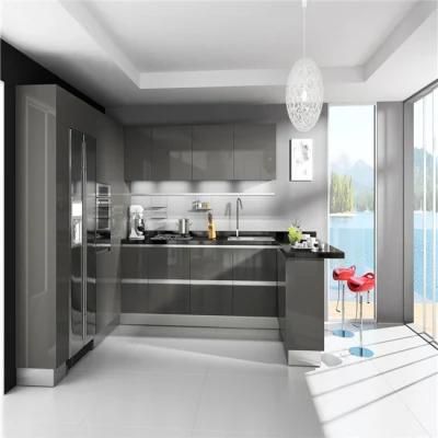 Handleless Light Gray Glossy Storage Cabinets Kitchen Furniture Design Kitchen Cabinet