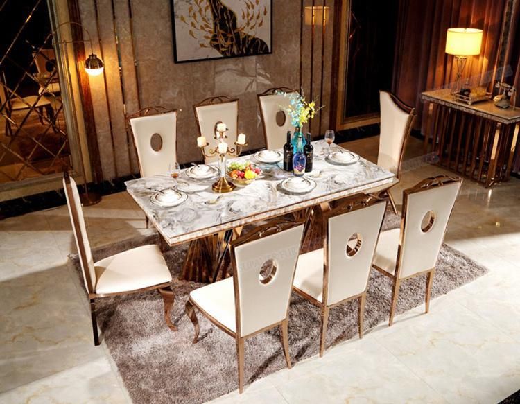 Golden Frame Marble Top Dining Table with 8 Seater Sets