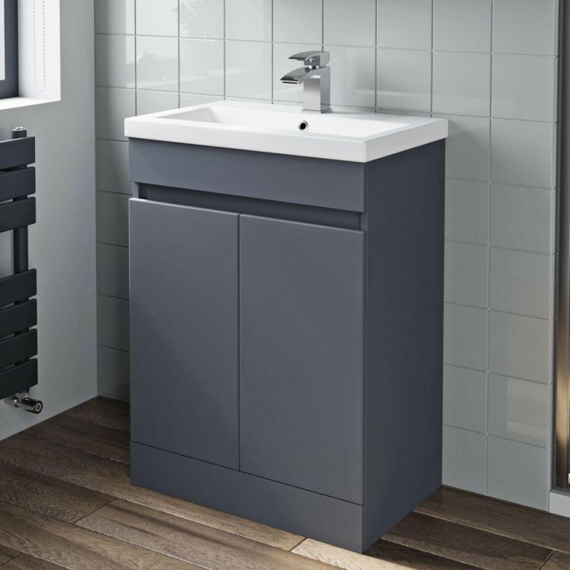 Bathroom Vanity Unit Basin Sink Storage Cabinet Furniture 2 Door 600mm Grey MDF