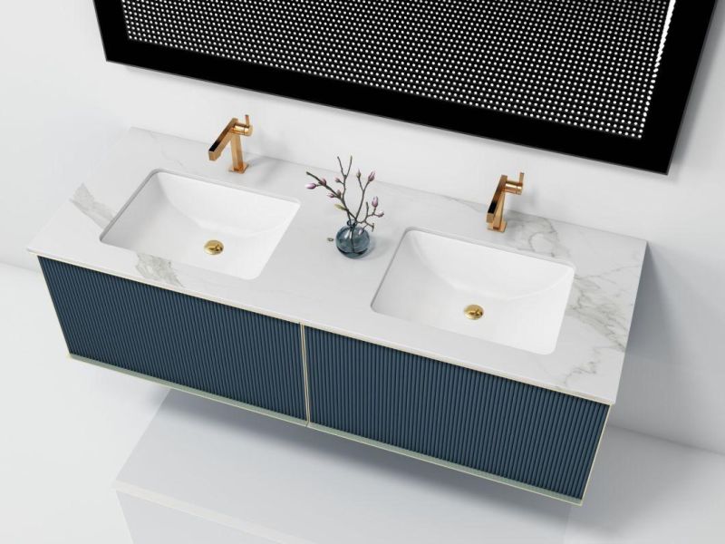 Navy Blue Double Basin Melamine Bathroom Vanity with Rectangular LED Mirror