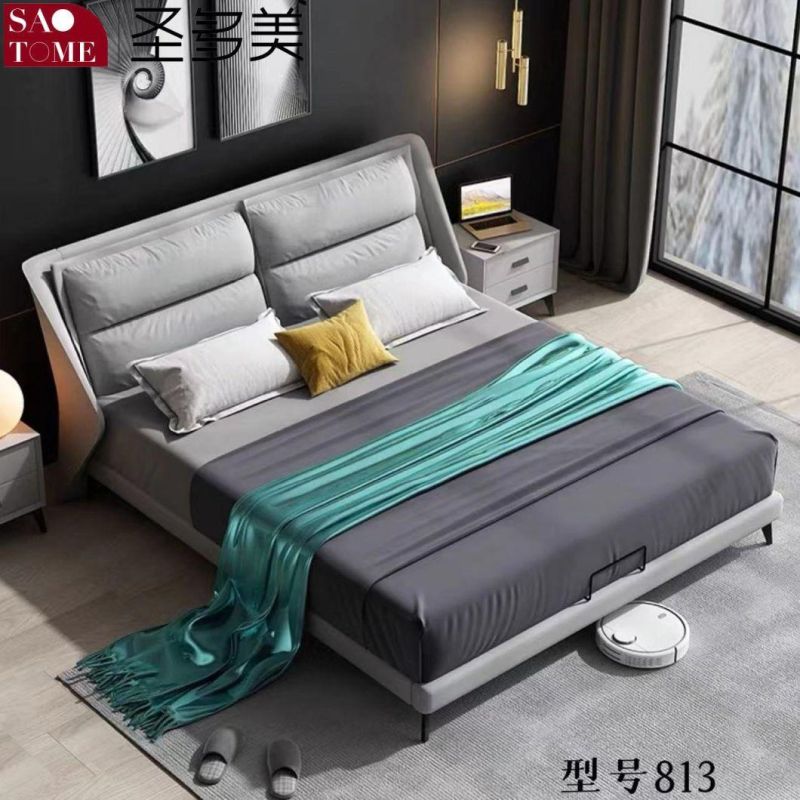 Modern Dark Blue Leather High Density Sponge Double Bed