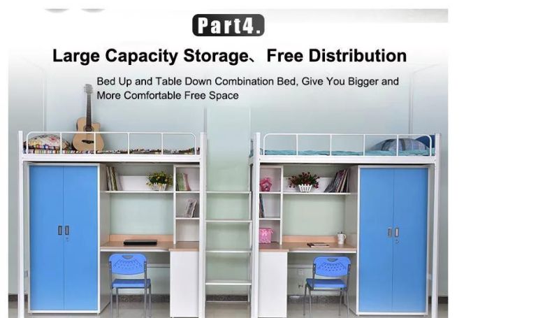 School Furniture Dormitory Use Bunk Bed with Desk Table Bookshelf and Ladders