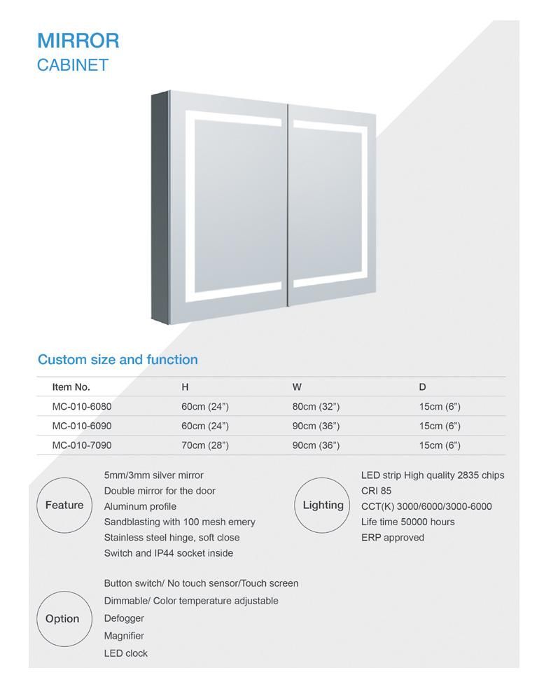 Double Door Mc010 Aluminum Medicine Cabinet with Mirror Bathroom Lighted Mirror Cabinet with Adjustable Glass Shelves Recessed or Surface Mounting