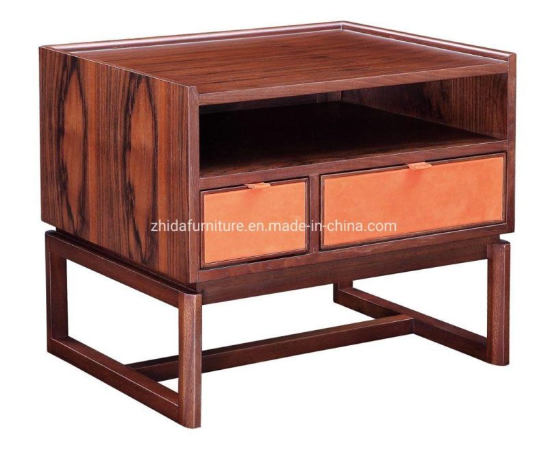 Genuine Leather Solid Wood Bedroom Nightstands Beside Table with Drawer