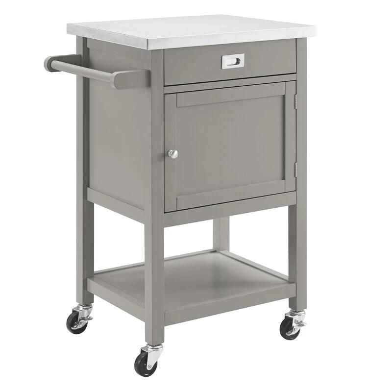 Home Basic Stainless Steel Grey Rolling Kitchen Cart with 1 Door 1 Drawer