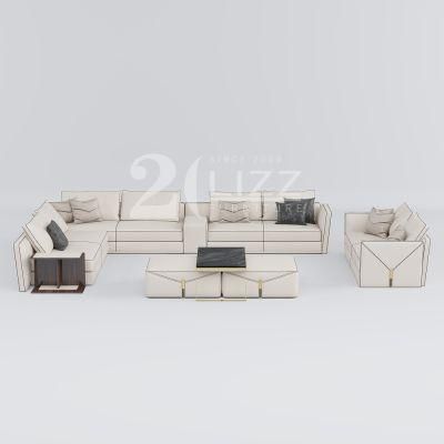 Modern Luxury Sectional Geniue Leather L Shape Corner Sofa with Coffee Table &amp; Ottoman Home Furniture Set