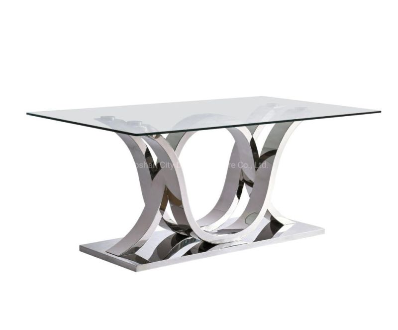 Mirror Polishing Stainless Steel Dining Table with Clear Glass Top