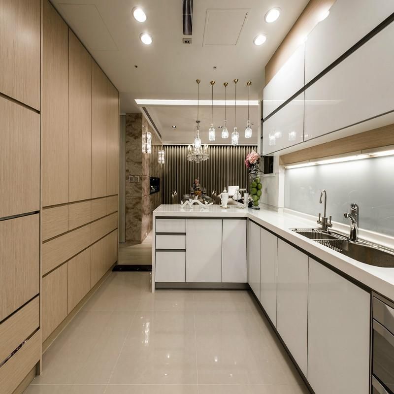 Modern White High Gloss and Oak Color Kitchen Cabinets with Island and Breakfast Bar