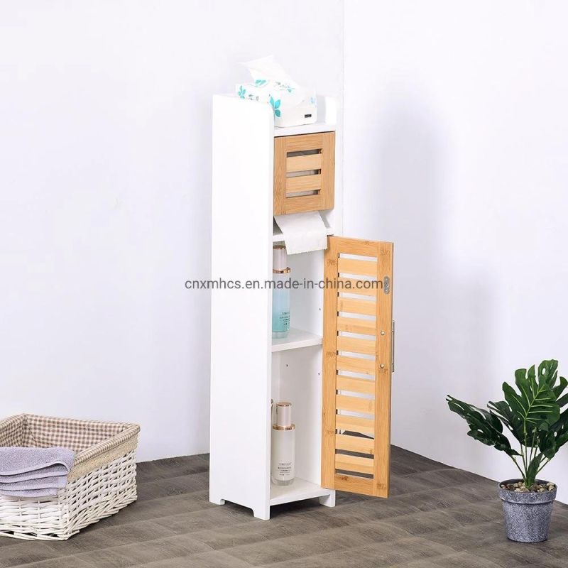 Modern Design Bamboo Wood Paper Toilet Holder Bathroom Storage Cabinet with Storage Shelf, Door