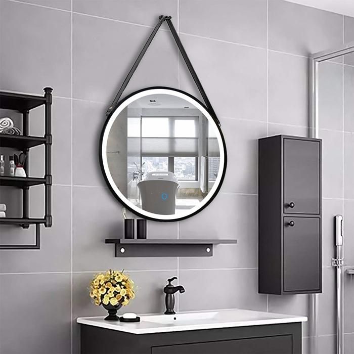 4mm Wall Mounted Round Metal Framed Mirror Bathroom LED Mirror with Iron Strap