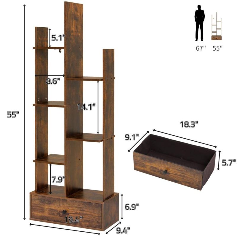 Bookcase with 1 Large Drawer, Tree-Shaped Bookshelf with 7 Storage Shelves, Open Standing Ladder Shelf, Bookshelf for Bedroom, Living Room, Office, Rustic Brown