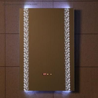 Beautiful Design Bathroom Wall Mounted Silkscreen Drawing LED Illuminated Mirror with Defogger Clock