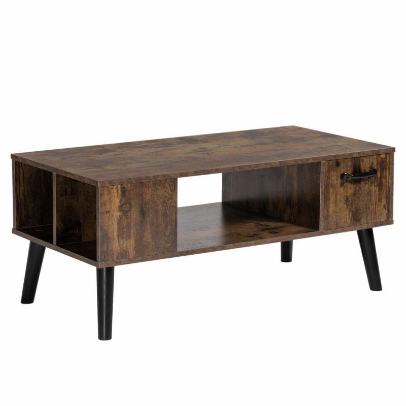 Retro Coffee Table with Storage, MID Century Coffee Tables for Living Room, Modern Wood Look Coffee Table with Open Storage Shelf and Drawer for Home