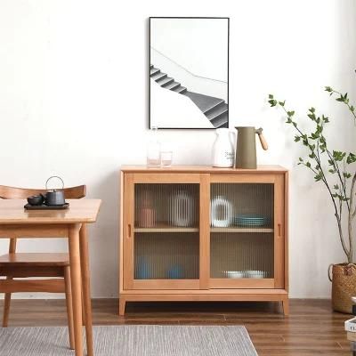 Solid Wood with Glass Door Modern Minimalist Beech Wood Living Room Floor Shelf Bedroom Study Storage Shelf Bookcase Cabinet 0036