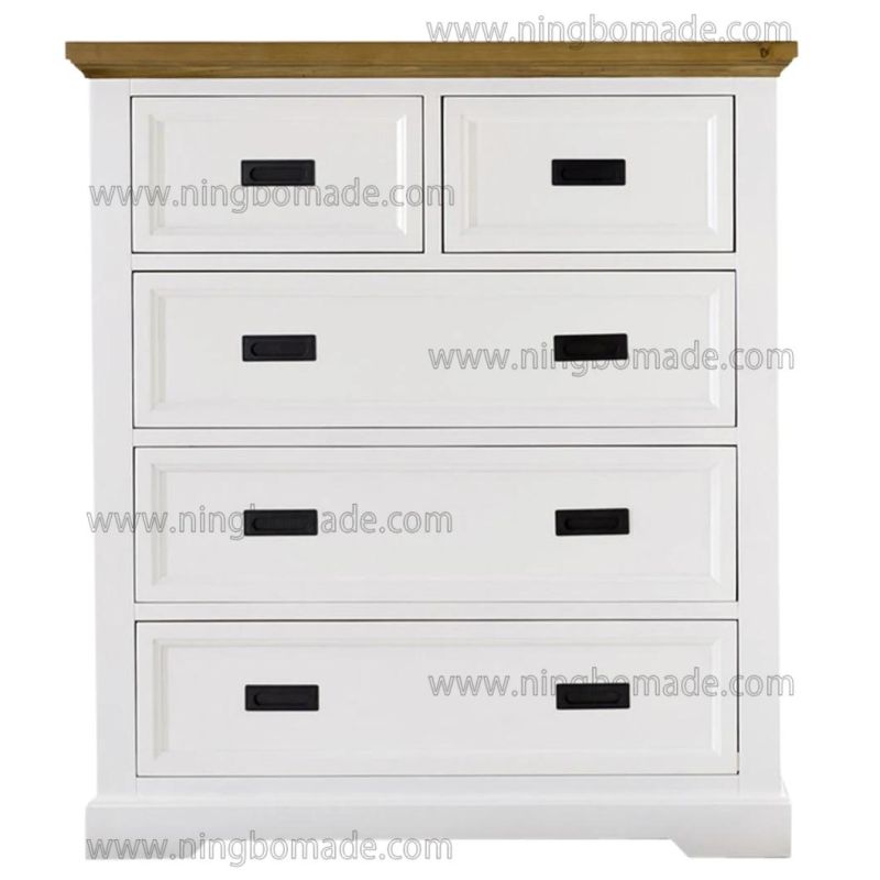 Romantic Rural Interior Furniture Grey Oak Top White Poplar Wood Base 5 Drawers Storage Chest