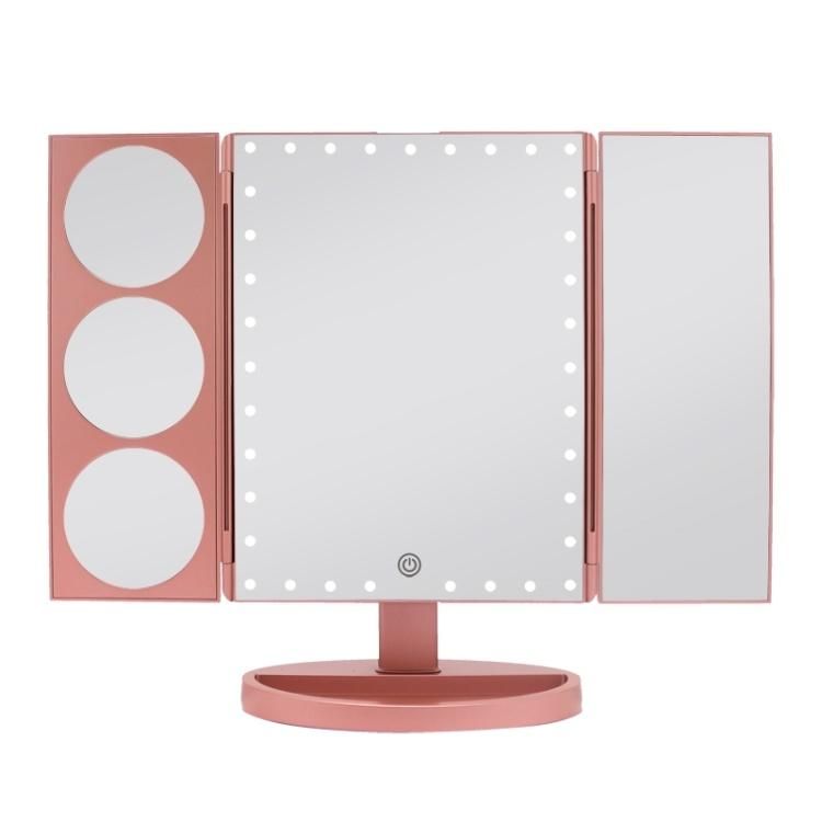 LED Lights Tri-Fold Desktop Makeup Compact Mirror for Travel