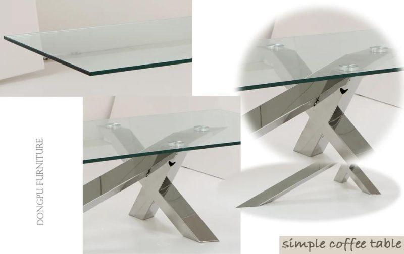 Minimalist Design Stainless Steel Double C Pillar Coffee Table with Glass Top