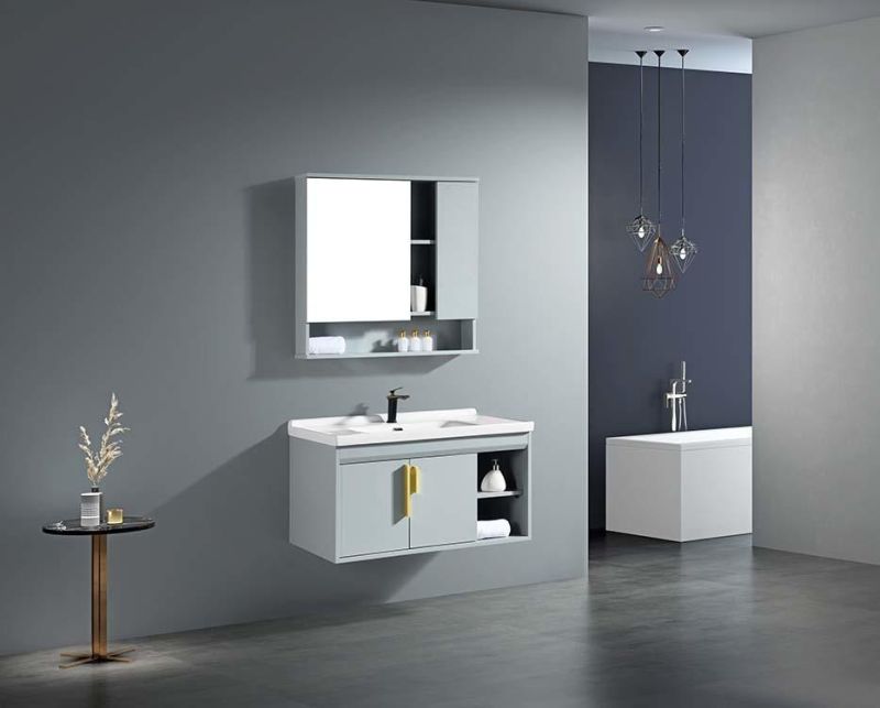 2022 Modern Floor Mounted Oak Wood Dark Grey Finished Single Sink Bathroom Cabinets