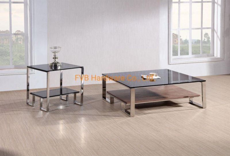 Modern Luxury Side Table Coffee Tables with Stainless Steel and Glass Top Two Layer Trays