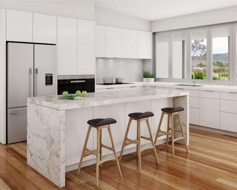 Modern White High Gloss and Oak Color Kitchen Cabinets with Island and Breakfast Bar