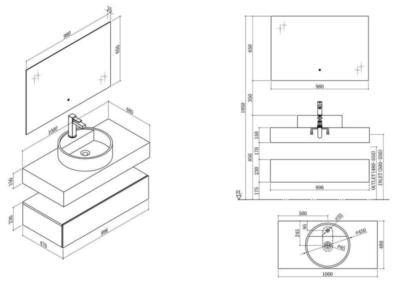 Wall Hung Bathroom Furniture 1000mm Bathroom Cabniet