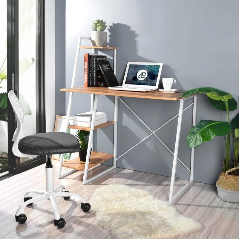 Durable Small Space Home Workstation Modern PC Laptop Study Writing Table Compact Brown Office Desk with Storage Shelf