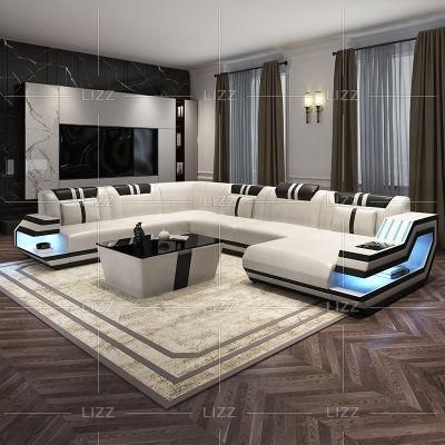 High End European Leisure Home Furniture Modern Simple U Shape Geniue Leather Sofa Couch Set with LED Light