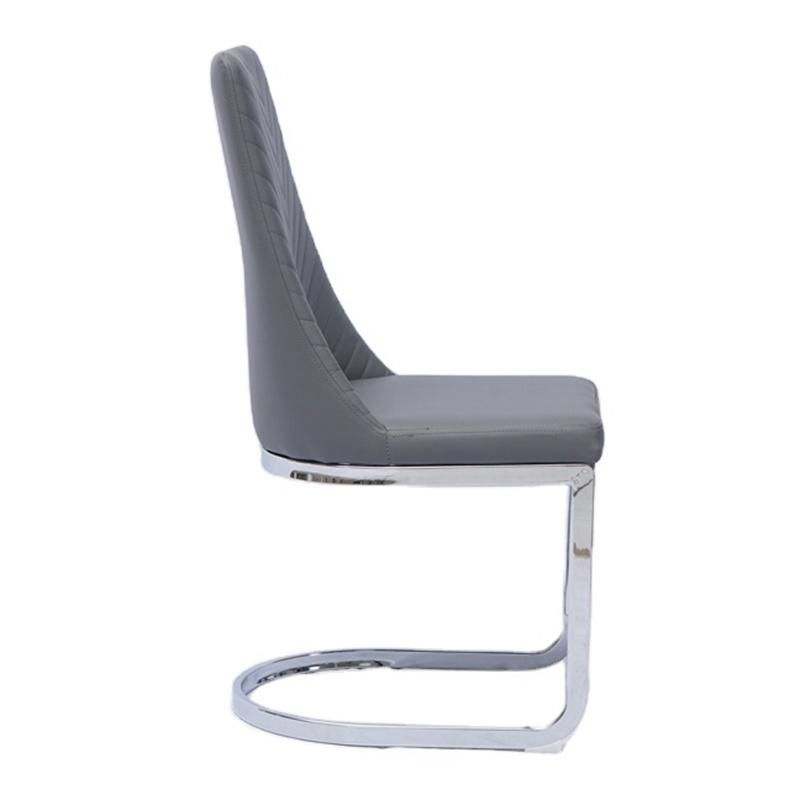 Modern Style Chrome Legs Restaurant Upholstered PU Gray Dining Chair for Family Kitchen Room Use