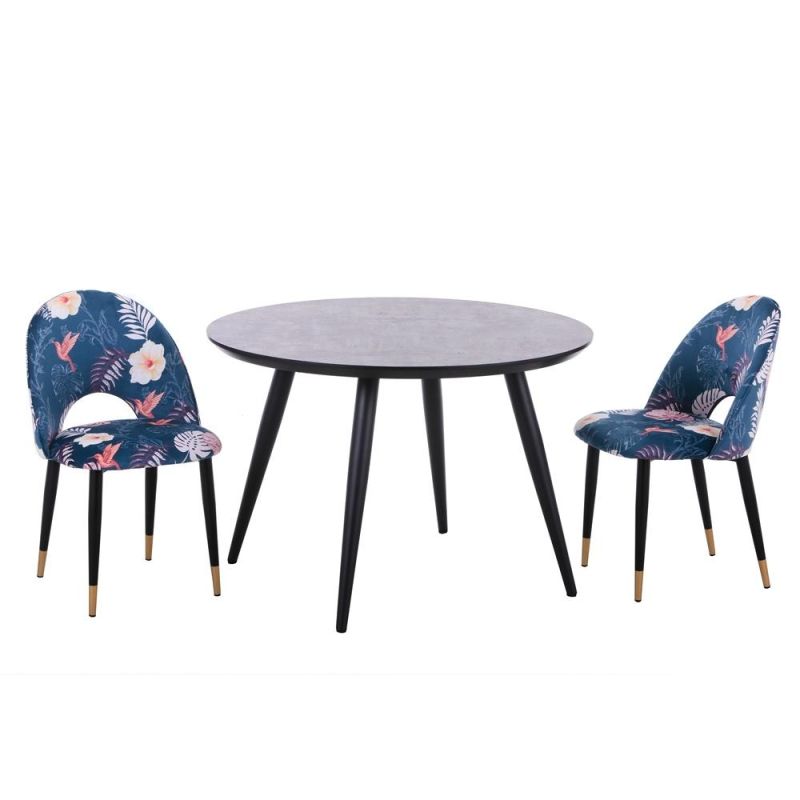 Cheap Round Black Table Flower Fabric Chair Small Dining Table Set 4 Chairs