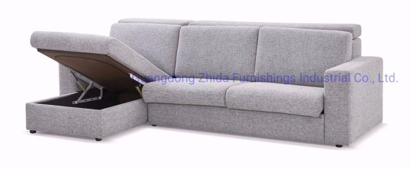 Zhida High Quality Apartment Furniture Living Room Hotel Bedroom Modern Small L Shape Fabric Linen Sofa Bed with Storage