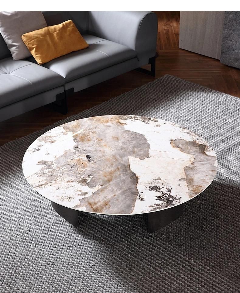 Home Furniture Titanium Round Black Marble Rock Beam Coffee Table