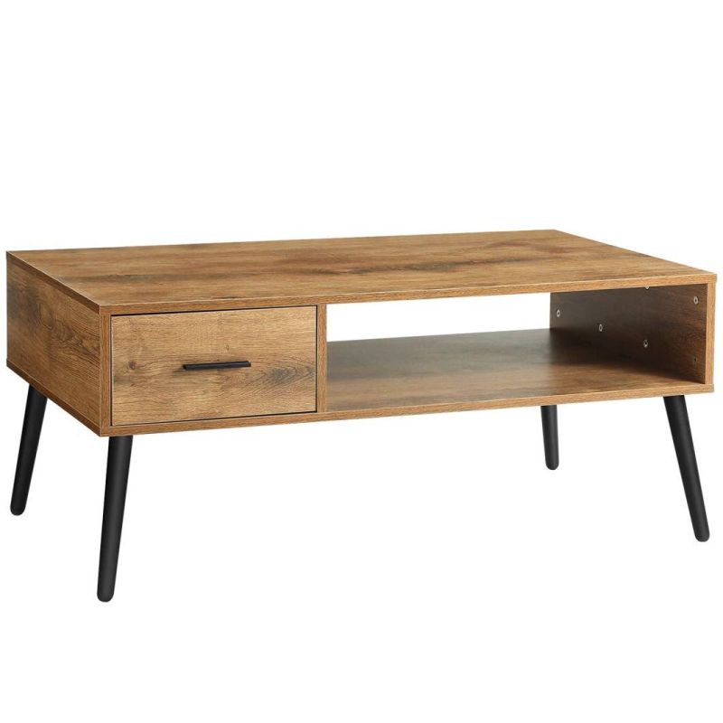 Coffee Table, Industrial TV Table with 1 Drawer and Open Storage Shelf for Living Room, Modern MID-Century Cocktail Table with Stable Pine Leg for Home Office