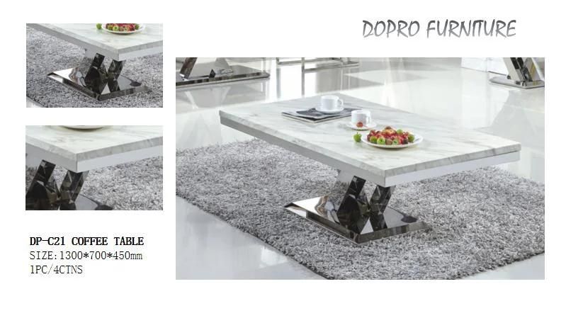 Minimalist Design Stainless Steel Double C Pillar Coffee Table with Glass Top