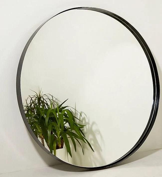 Black Metal PU Frame Round Wall Hanging Bathroom Mirror